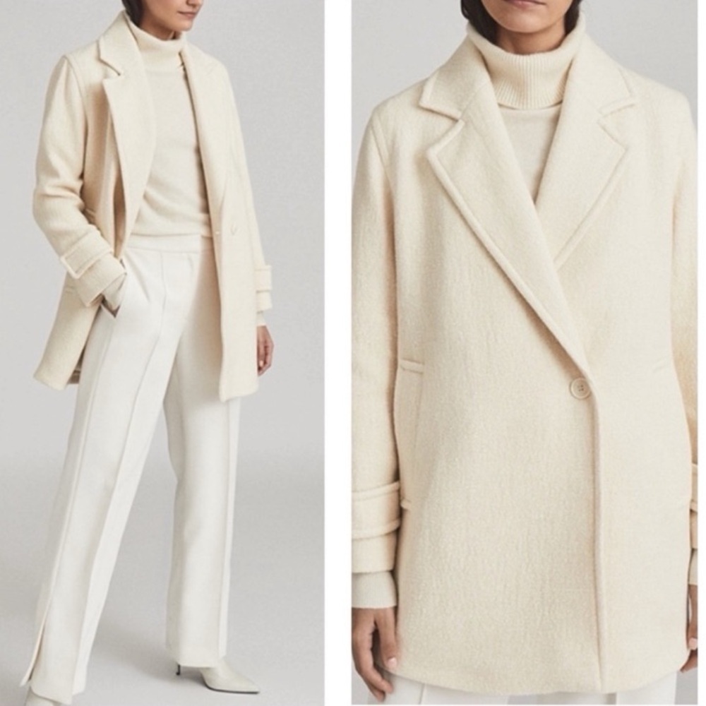 REISS Sky Pea Coat Wool Blend Natural Size 4
